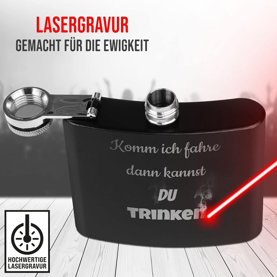 Flachmann mit Gravur aus Edelstahl selbst gestalten - mit Wunschtext gravieren - Geschenkidee für Fr