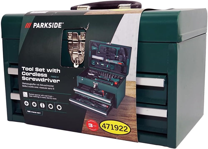 HEADNMORE® Bundle - PARKSIDE® Werkzeugset mit Akkuschrauber 92teilig PWBM A1 Metallkoffer +Schlüssel