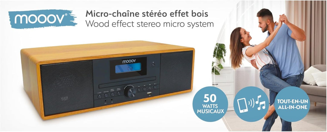 MOOOV 477380 Kabelloses Micro-HiFi-Anlage, Holzoptik, CD-Player, FM-Radio mit Fernbedienung, Micro-H
