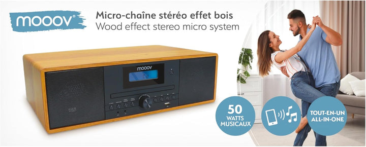 MOOOV 477380 Kabelloses Micro-HiFi-Anlage, Holzoptik, CD-Player, FM-Radio mit Fernbedienung, Micro-H
