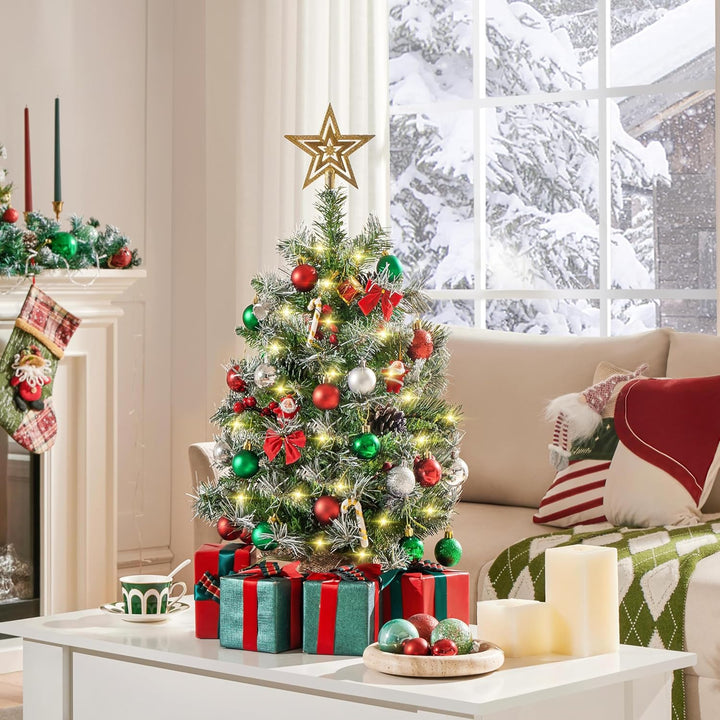Yaheetech 2 Stück 98 cm Mini Künstlicher Weihnachtsbaum mit Schnee inkl. 50 Warmweiss LED & 70 Roten