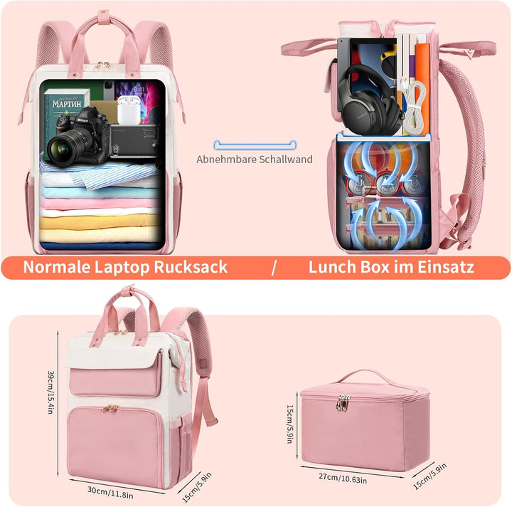 BERTASCHE Lunch Rucksack, Laptop Rucksack Damen 15,6 Zoll mit Isoliertes Kühltasche, 2-in-1-Arbeitsr