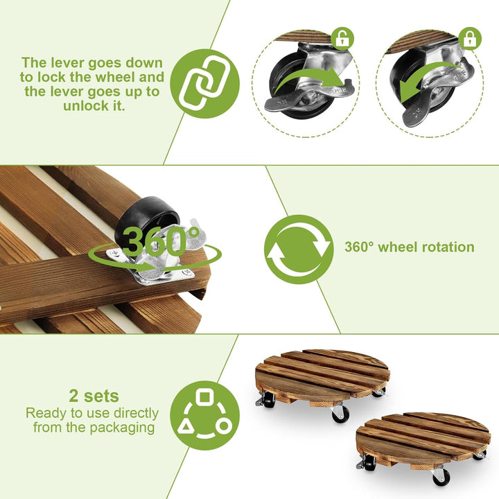 2 Stück Pflanzenroller Rund Holz Rollbrett Pflanzen 360° Drehbar Blumentopf Untersetzer mit Rollen B
