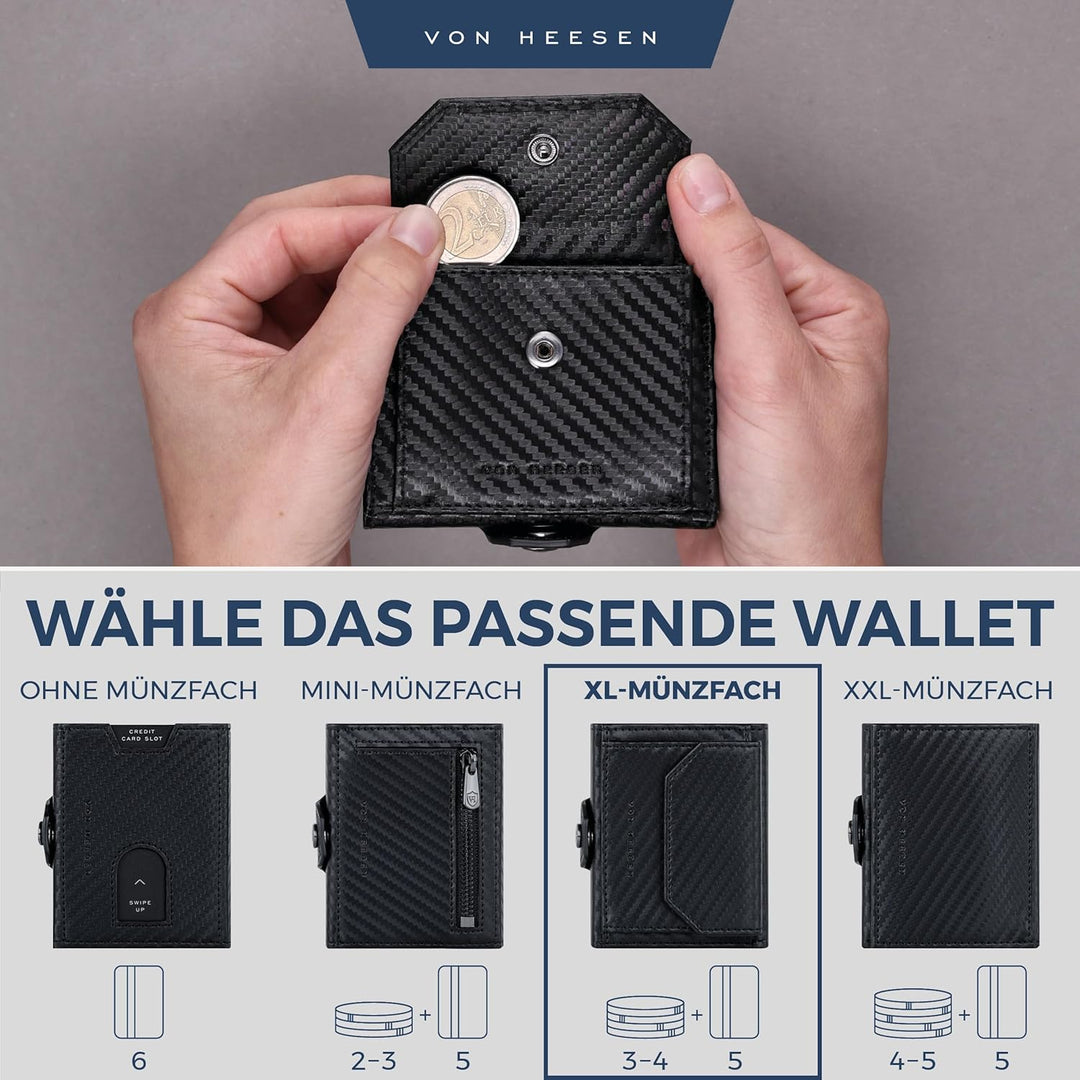 VON HEESEN Slim Wallet mit XL Münzfach & RFID-Schutz - Leder Geldbeutel - Mini Geldbörse für Herren