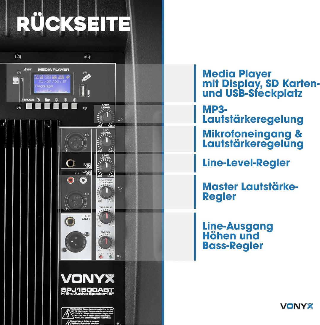 Vonyx SPJ-1500ABT MP3, PA Aktiv Lautsprecher, DJ Box, 800 Watt 15 Zoll High End Aktivpeaker, MP3-Pla