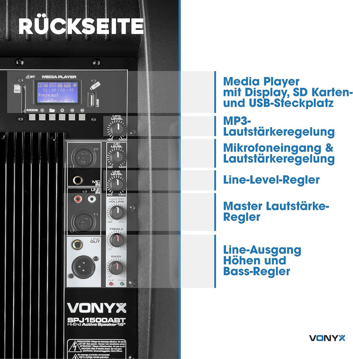 Vonyx SPJ-1500ABT MP3, PA Aktiv Lautsprecher, DJ Box, 800 Watt 15 Zoll High End Aktivpeaker, MP3-Pla