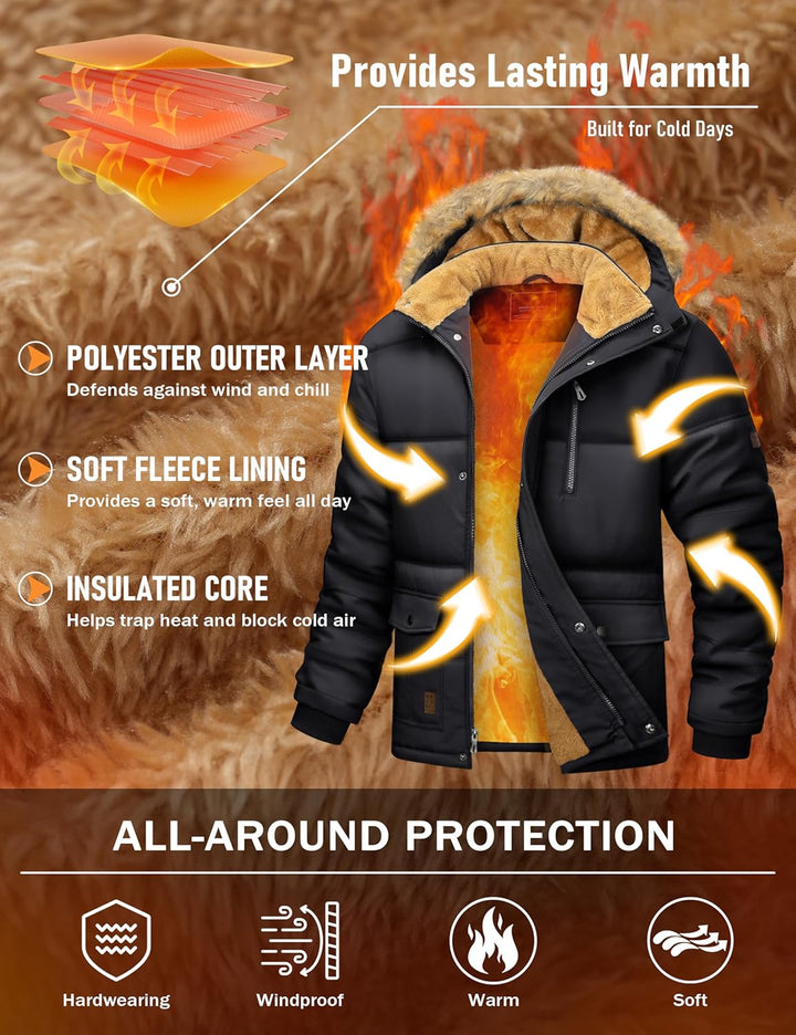 MAGCOMSEN Herren Winter Parka Jacke Winddicht Outdoor Warme Fleecejacke Freizeit Übergangsjacke Wass