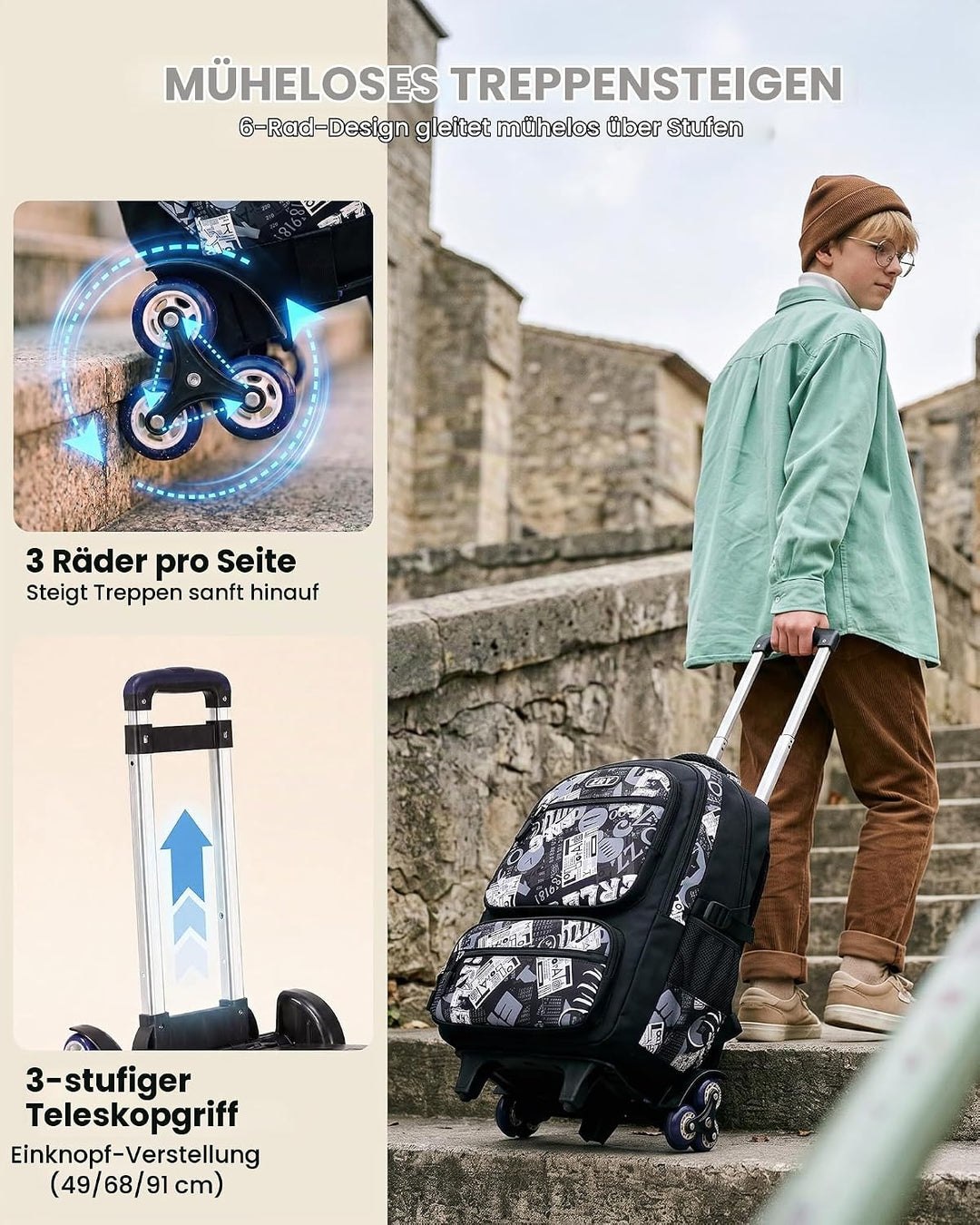 Amythe Schulrucksack Teenager, Abnehmbare Trolley Rucksack Schule mit 6 Räder für Jungen ab 10 Jahre