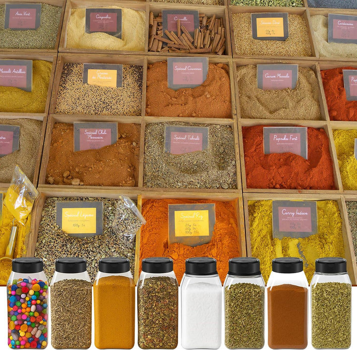 28 Stück Gewürzgläser Eckig Set mit Deckel Plastik Gewürzdosen 475ml | Leer Gewürzstreuer mit Etiket