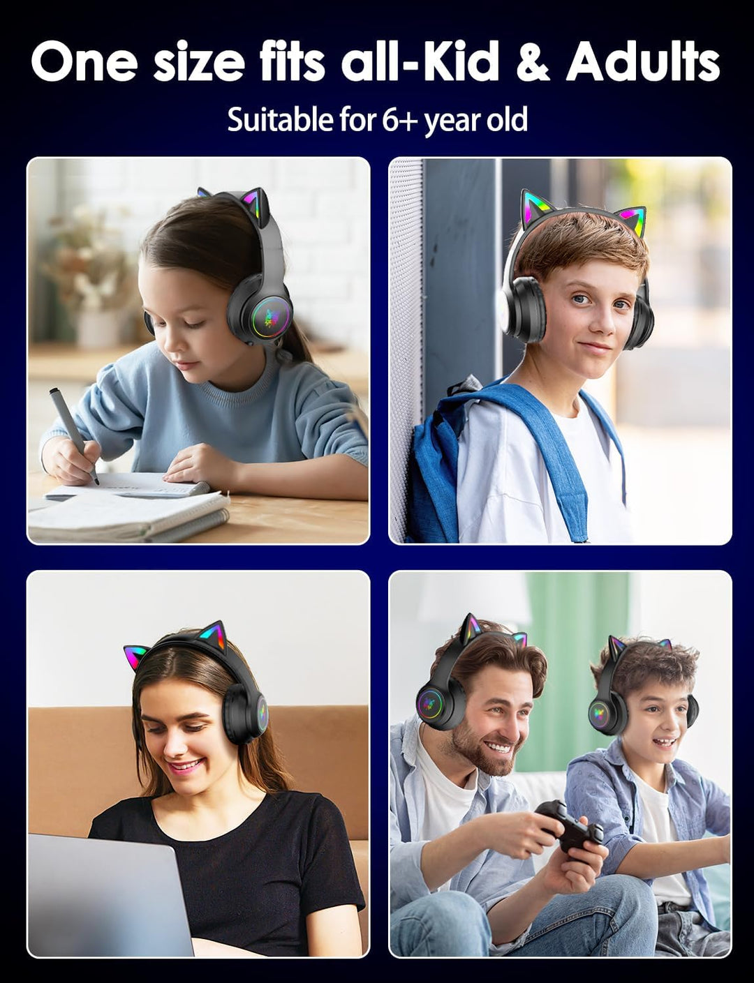 Bluetooth-Kopfhörer mit LED-Katzenohren – Kabelloses Over-Ear Headset mit Mikrofon, Hi-Fi Stereo-Sou