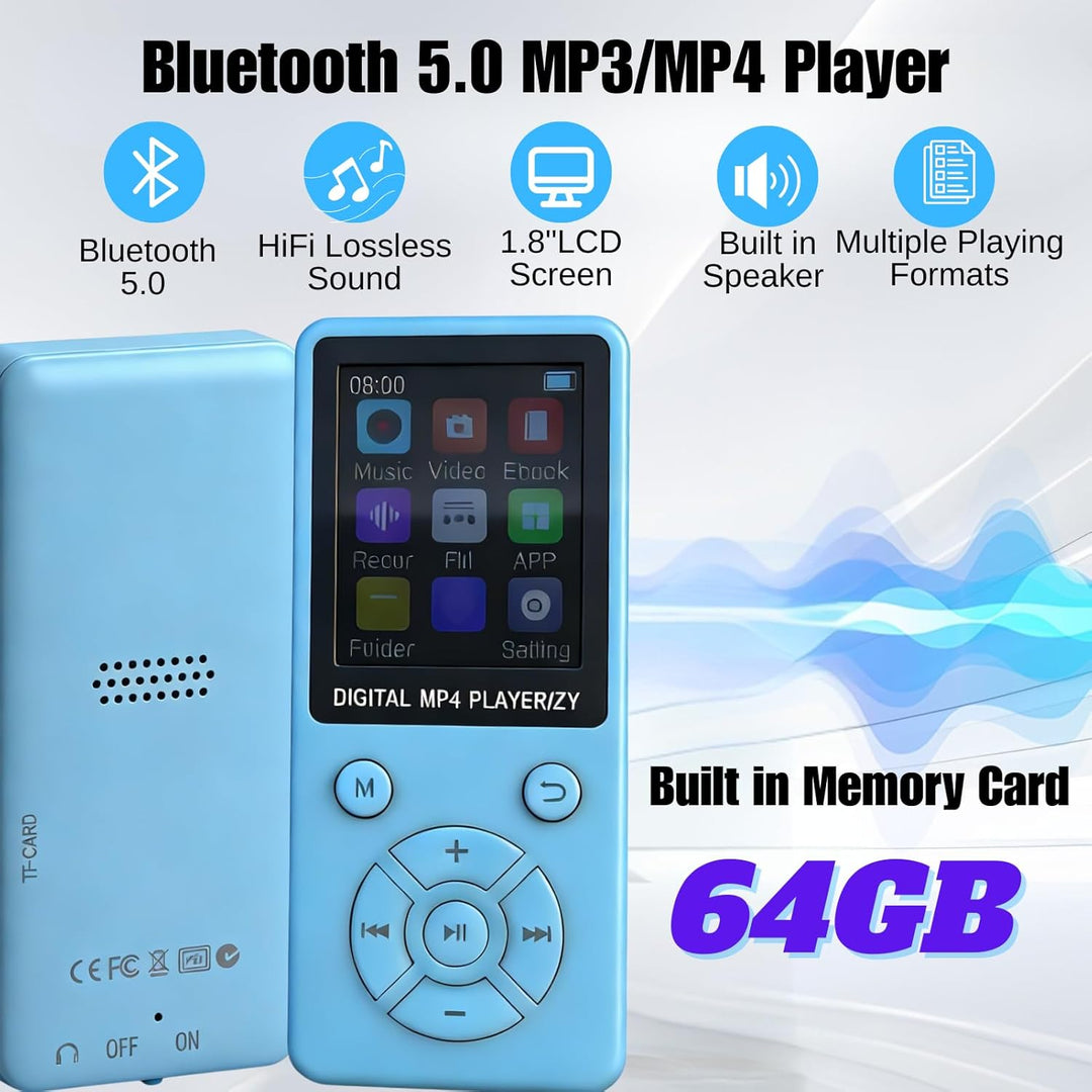 MP3-Player/MP4-Player 64GB Bluetooth 5.0 HiFi MP3 Musik-Player, 1,8-Zoll-LCD-Bildschirm mit Lautspre