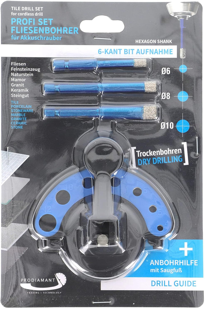 PRODIAMANT Fliesenbohrer 6mm, 8mm, 10mm Set Diamantbohrer für harte Fliesen und Feinsteinzeug mit An