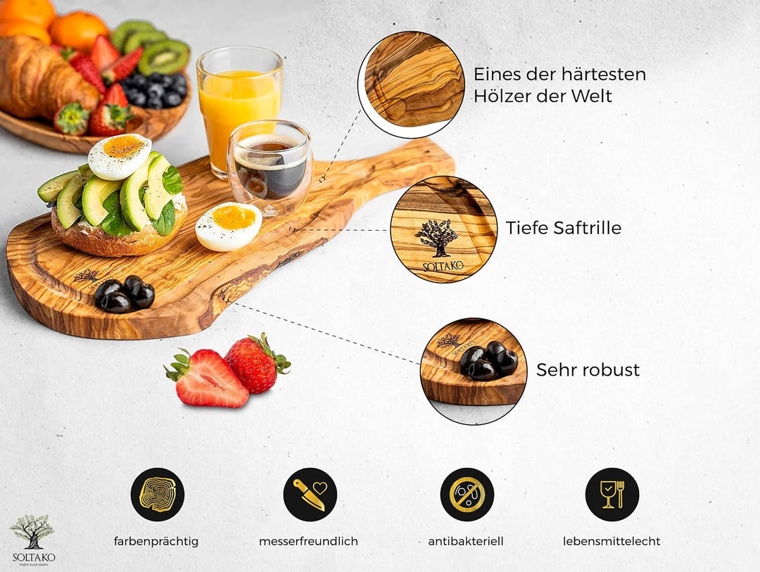 SOLTAKO Olivenholz Steakbrett mit Saftrille 2er Set 40cm "The Smokey BBQ" 40 x 18 cm, 40 x 18 cm