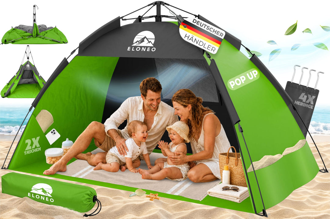 ELONEO Pop Up Strandmuschel UV Schutz 80+ | Strandzelt 190x100x110 cm | Leichter Aufbau und kleines