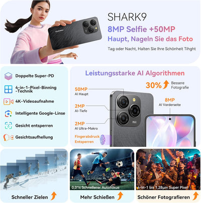 Blackview Shark 9 Handy 5G 24GB+256GB /2TBTF, 2.7GHz Octa Core, Super PD 50MP AI Fotoalbum, Android