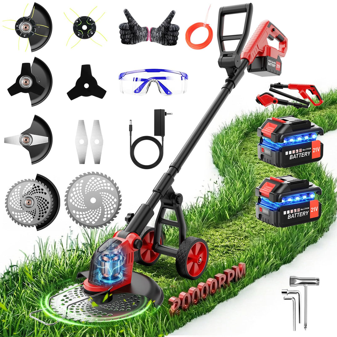 800W Akku Rasentrimmer mit Bürstenlosem Motor, 12 Zoll Schnittbreite, Abnehmbares Hilfsrad, 2 x 3,0