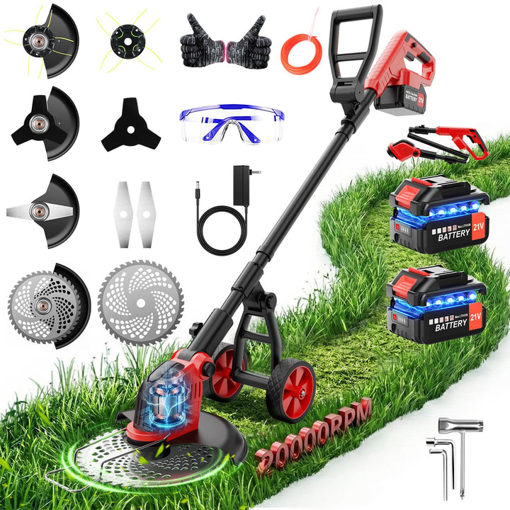 800W Akku Rasentrimmer mit Bürstenlosem Motor, 12 Zoll Schnittbreite, Abnehmbares Hilfsrad, 2 x 3,0