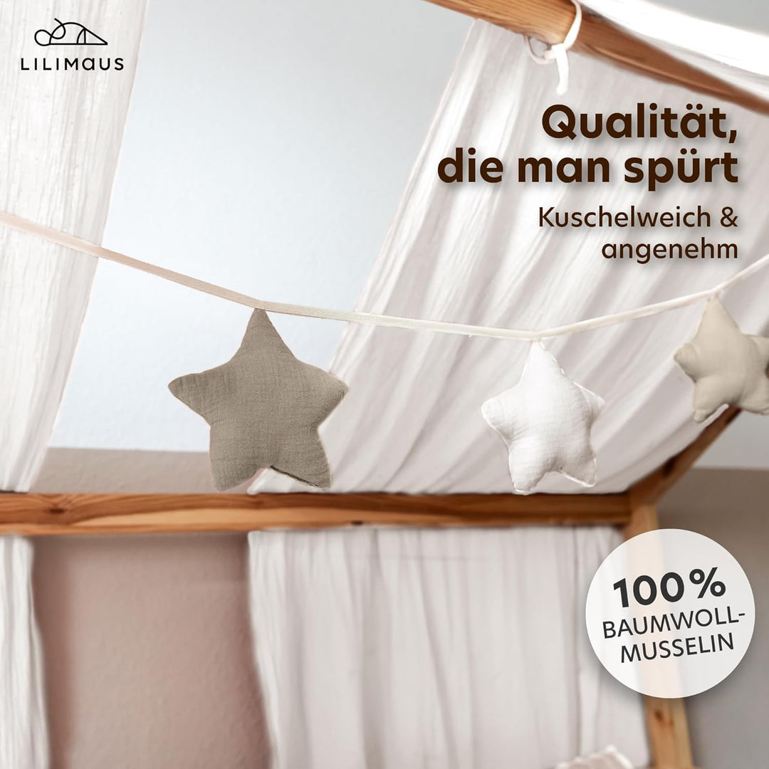 LILIMAUS Sternen Wimpelkette Stoff - 12 Farben - Kinderzimmer Deko - 100% Baumwolle Handmade - Musse
