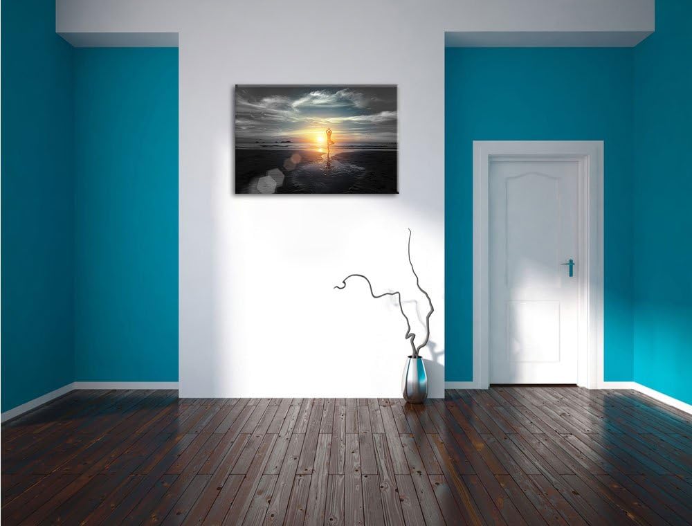Pixxprint Yoga Silhouette am Strand als Leinwandbild/Grösse: 100x70 cm/Wandbild/Kunstdruck/fertig be