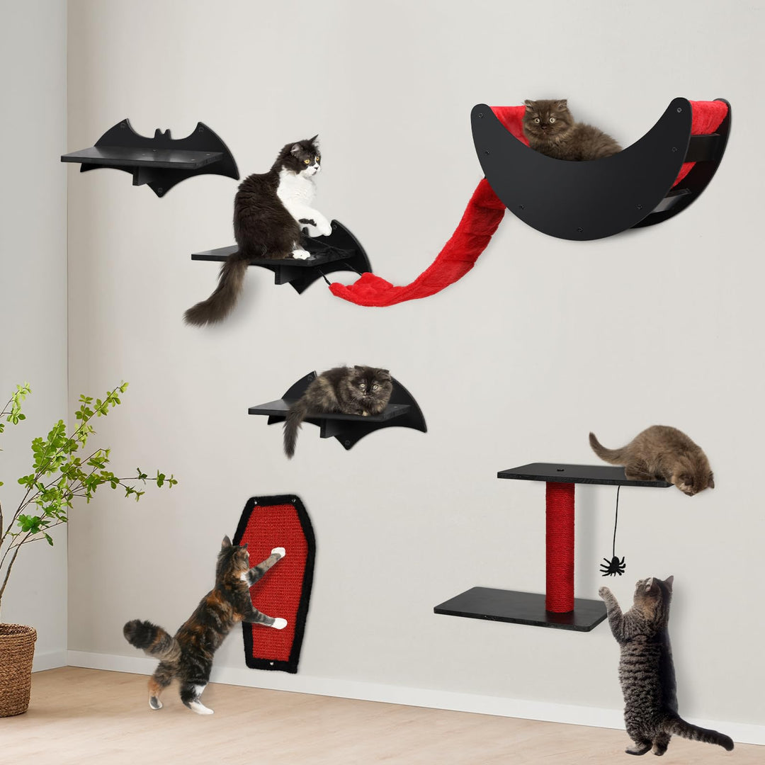 Gothic Katzen Wandregal Set, 7-teilig – Wandmontierter Kletterbaum für Katzen mit Brücke, Leiter, St