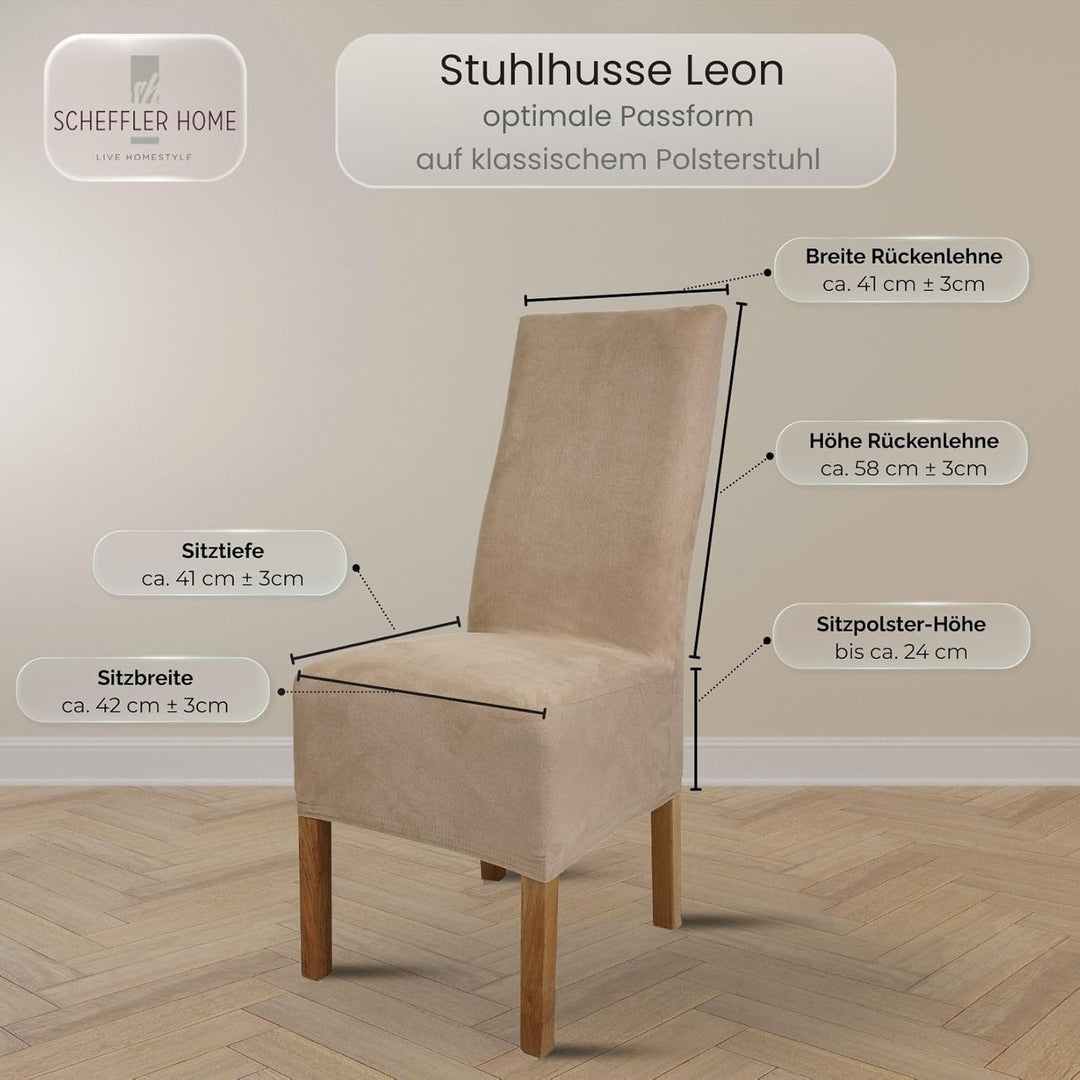 SCHEFFLER-Home Stuhlhussen 4er Set Leon Taupe/elastische Wildleder Hussen für Stühle/Robustes Freisc