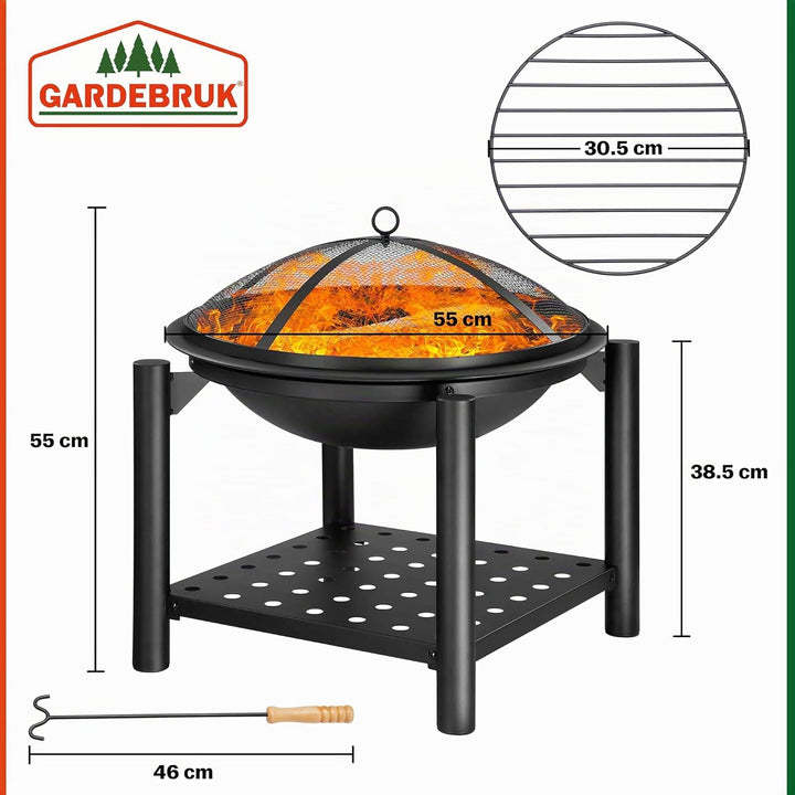 GARDEBRUK® Feuersschale mit Funkenschutz Rund Ø55cm Schürhaken Ablagefach Stahl Schwarz Terrasse Gar