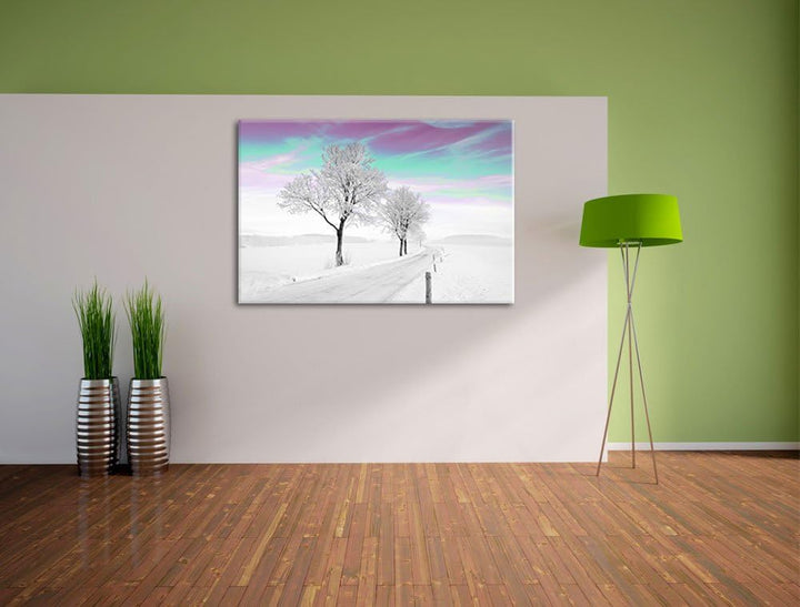 Schneebedeckter Baum in schöner Winterlandschaft schwarz/weiss Format: 100x70 auf Leinwand, XXL ries