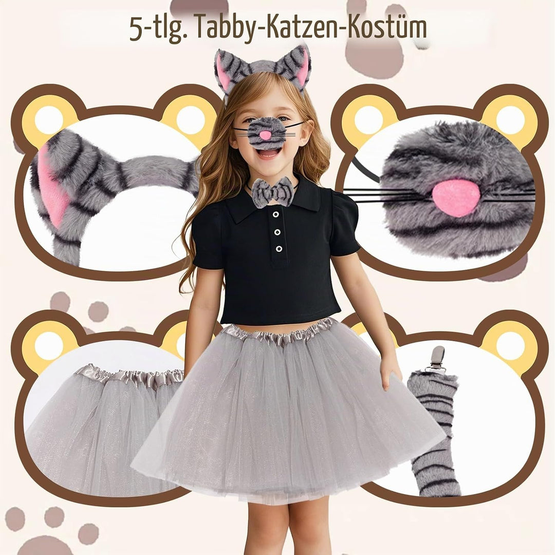 5 Stück getigerte Katzenkostüm-Accessoires für Mädchen, graues Katzenkostüm mit Stirnband, Nase, Fli