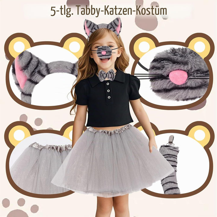 5 Stück getigerte Katzenkostüm-Accessoires für Mädchen, graues Katzenkostüm mit Stirnband, Nase, Fli