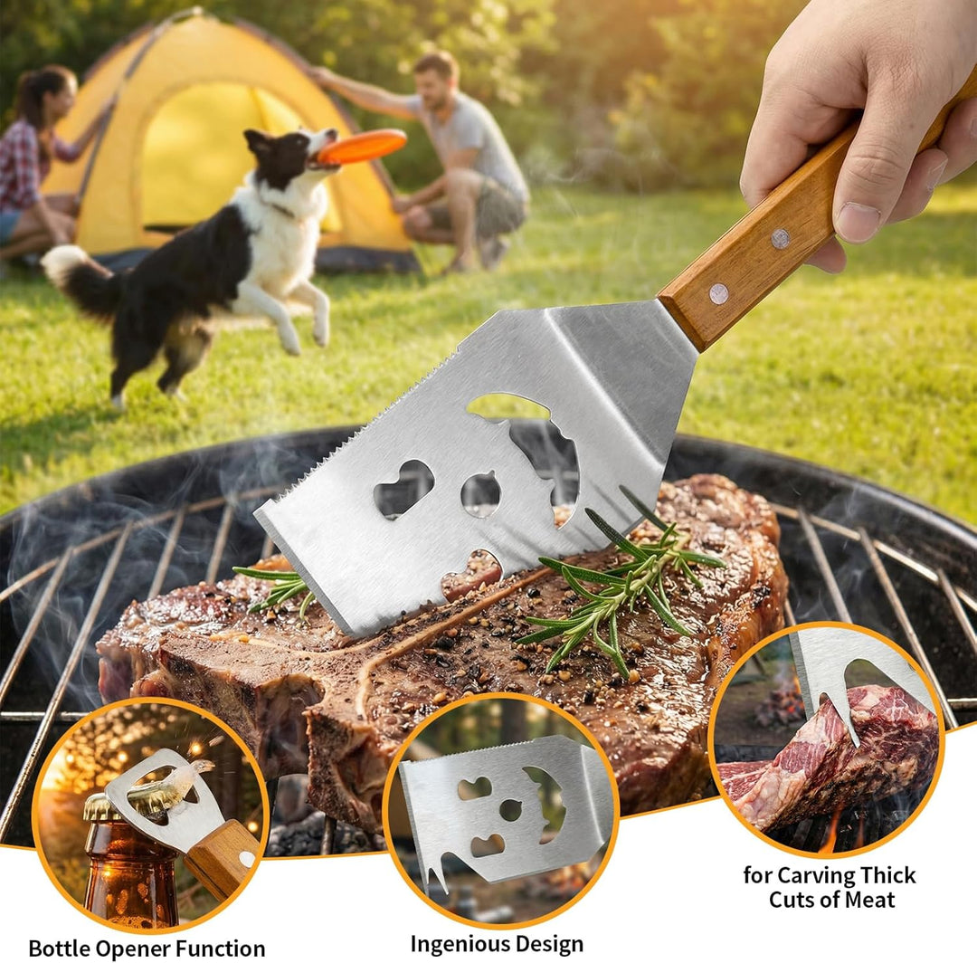 Grillbesteck Set Edelstahl 3-TLG, Grillzange mit Holzgriff Personalisierte, Fleischgabel und Grillwe