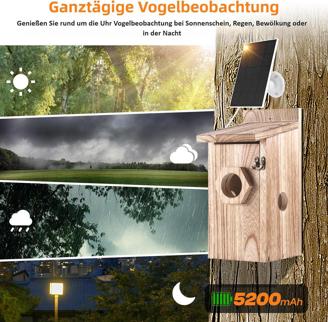 Vogelhaus mit 5MP Kamera, Nistkasten für Vögel für Draussen Wetterfest, 2,4 G WiFi & App Benachricht