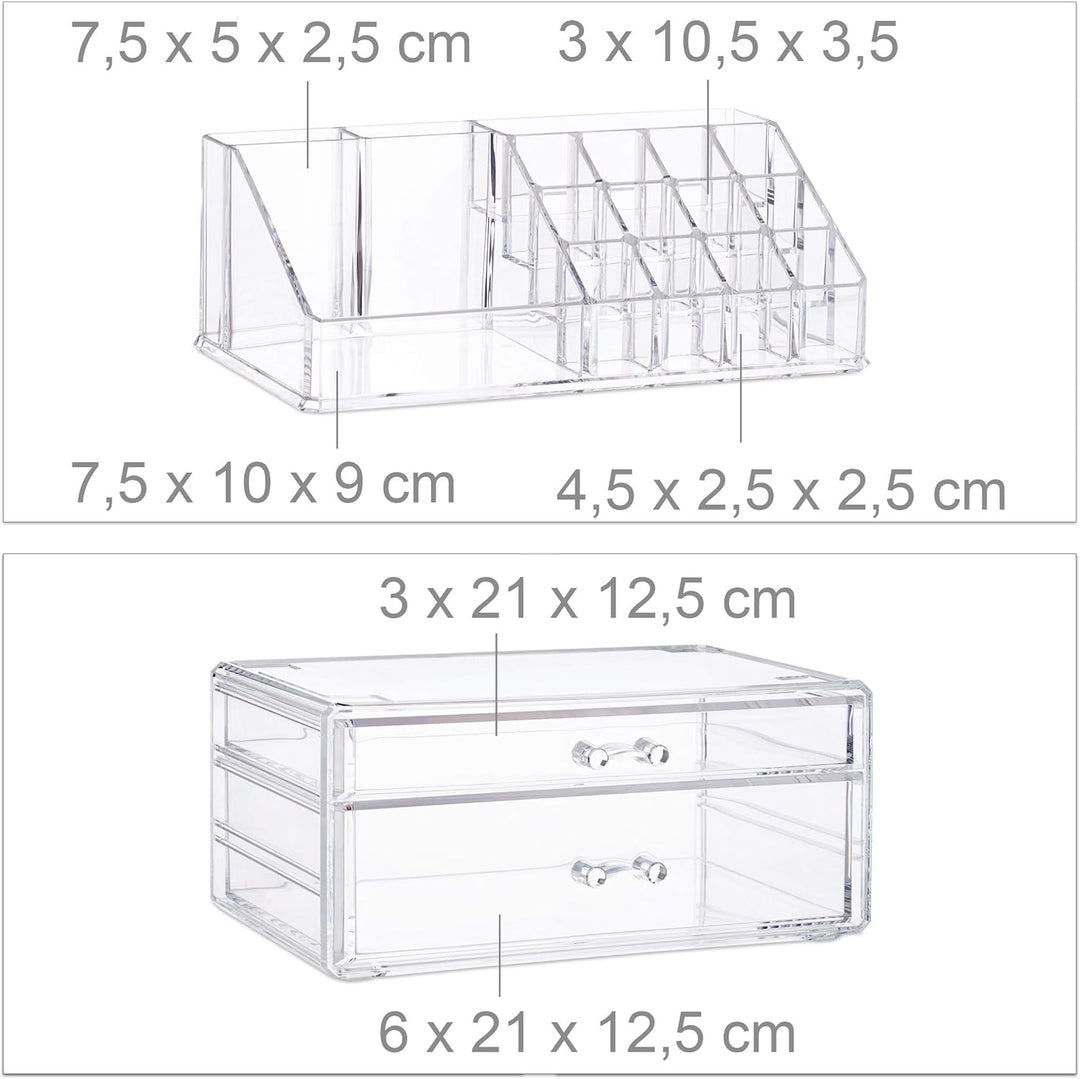 Relaxdays Make-Up Organizer mit 2 Schubladen, Kit für Lippenstift, Nagellack, Kosmetikregal Acryl, t