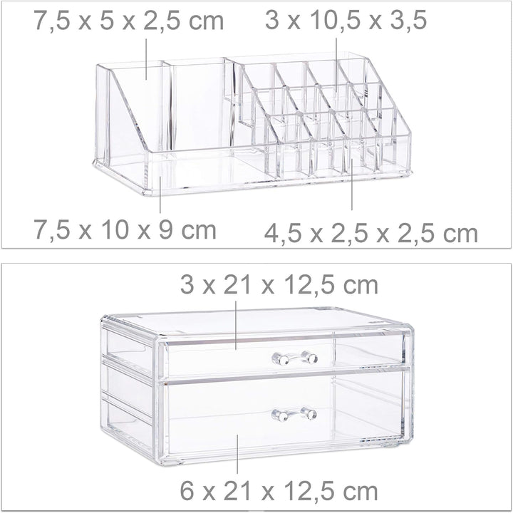 Relaxdays Make-Up Organizer mit 2 Schubladen, Kit für Lippenstift, Nagellack, Kosmetikregal Acryl, t