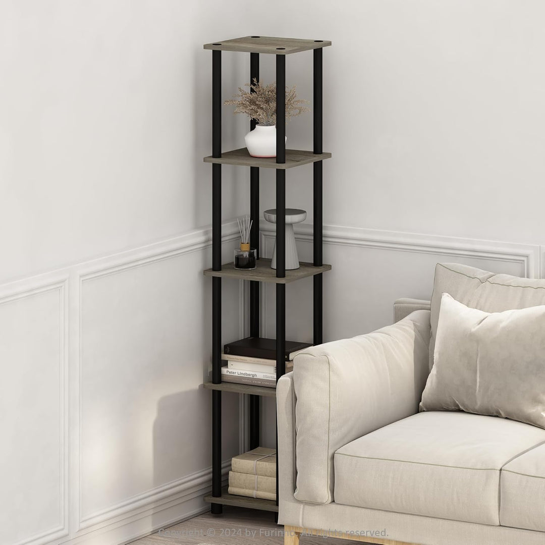 Furinno Viereckiges Regal mit 5 Ebenen, Holz, Französische Eiche Grau/Schwarz, 29.46 x 29.46 x 146.5