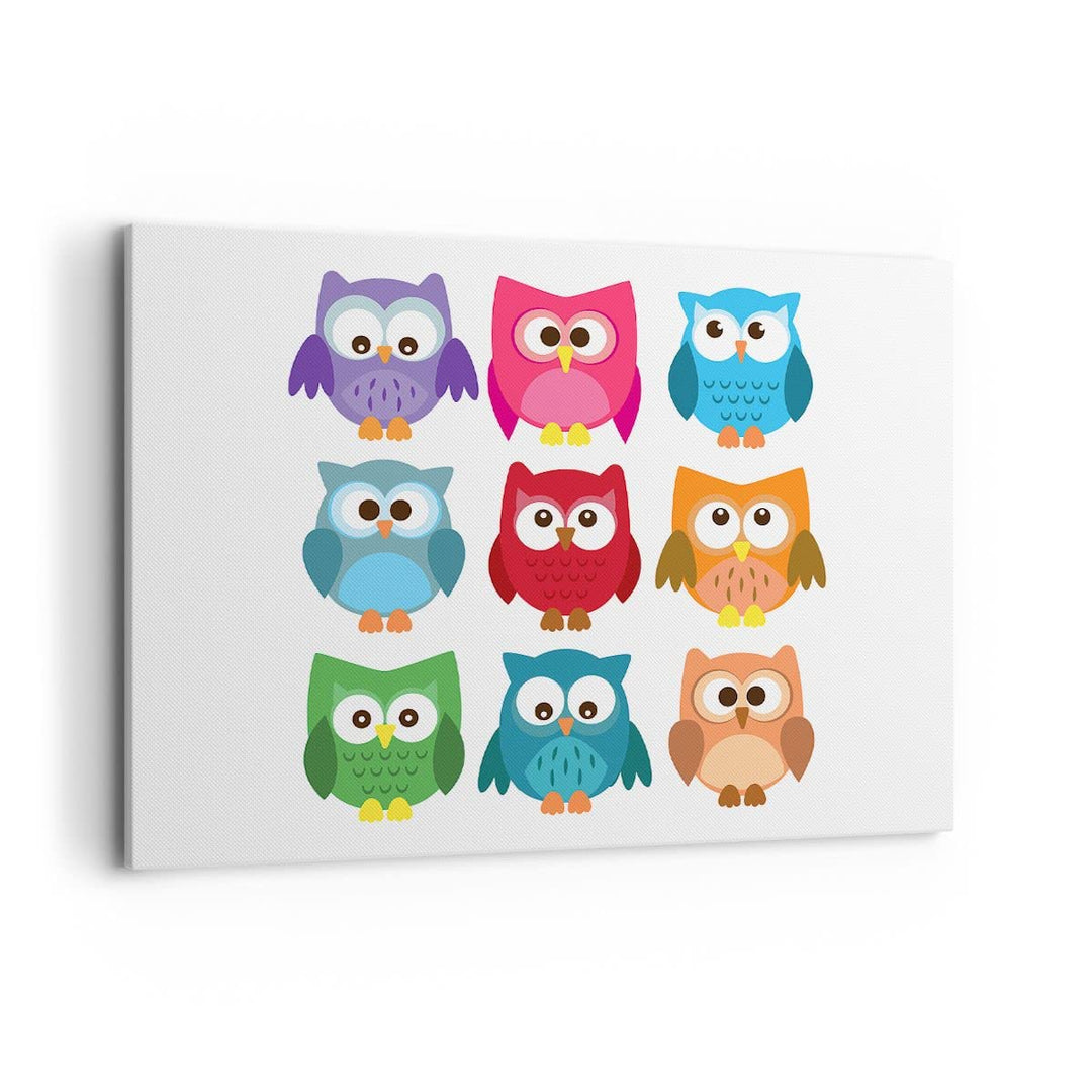 Bilder auf Leinwand 100x70cm Leinwandbild Eulen Bunt Kinder Zeichnung Gross Wanddeko Bild Schlafzimm