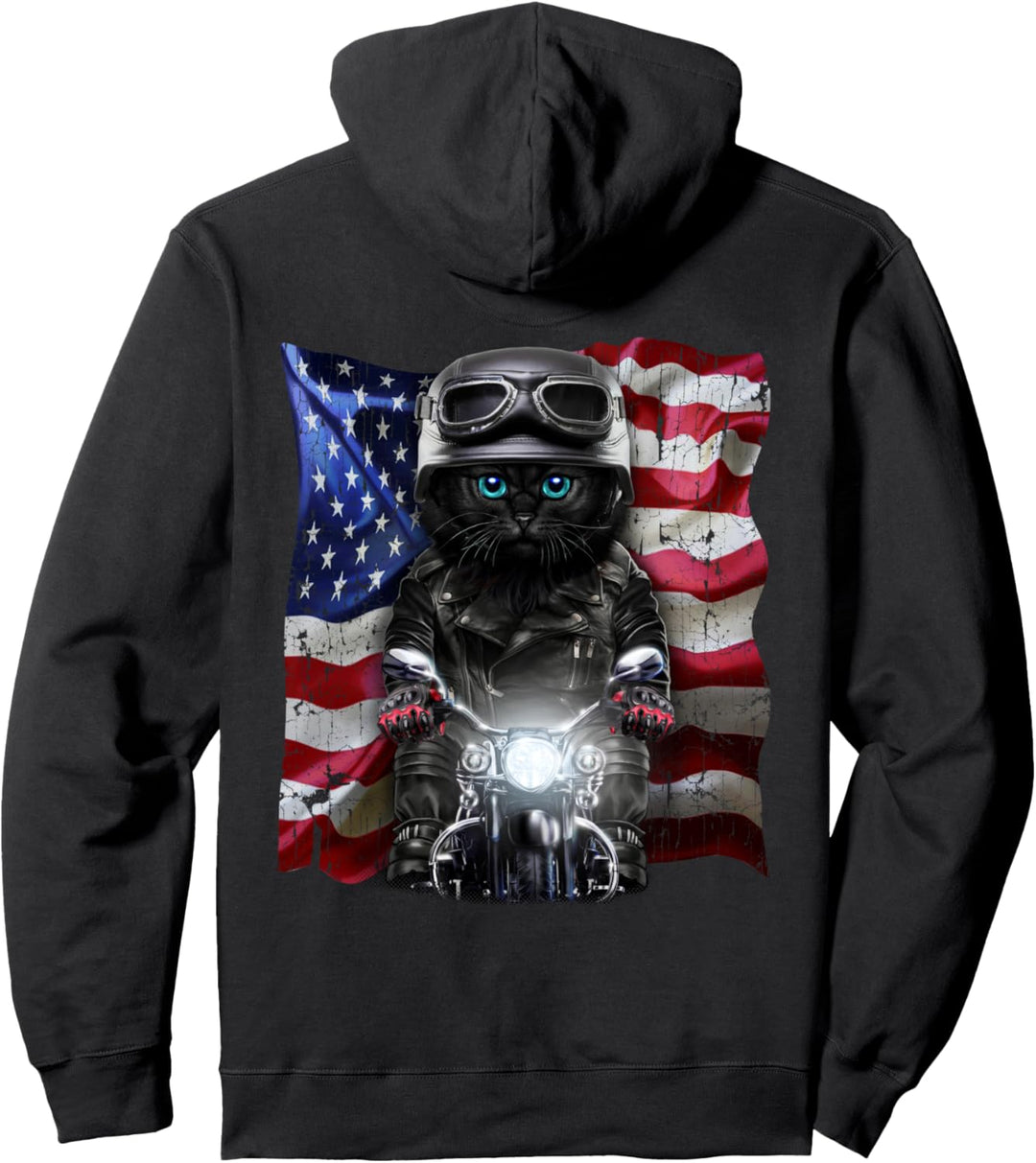 Patriotkatze auf einem Motorrad mit Flagge der USA Pullover Hoodie