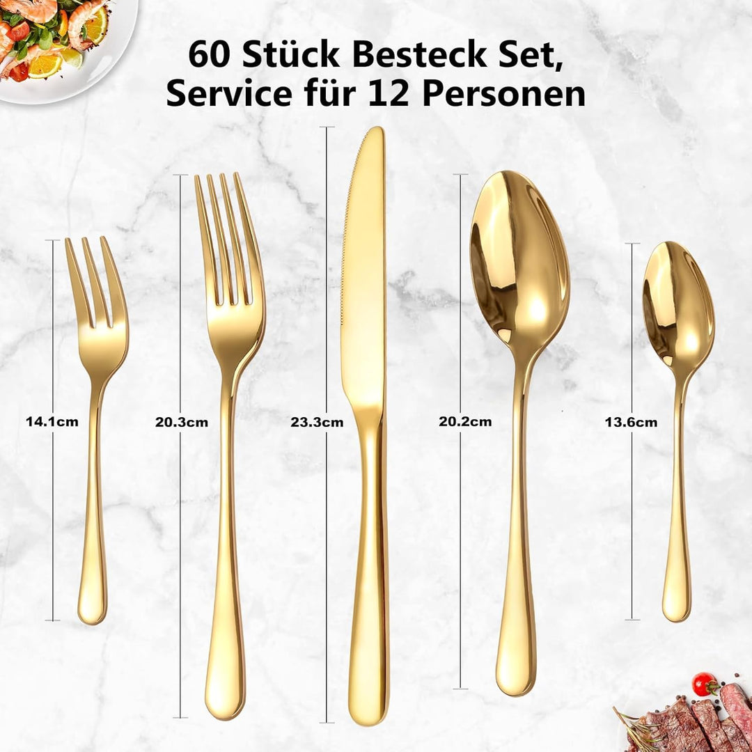 Targizer Besteck Set für 12 Personen, 60 teilig Edelstahl Gold Besteck Set Glänzendes Essbesteck Set