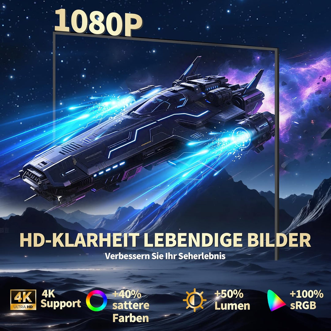 Mini Beamer Unterstützt 4K Full HD 1080P, Smart Beamer mit Auto Fokus &amp; Keystone und 90° Drehbarkeit