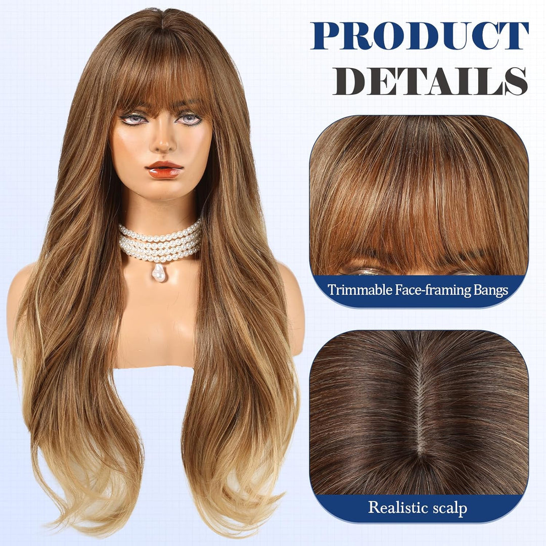 HAIRCUBE Lange Ombre-Perücke in Braun mit Pony, geschichtete lockige Perücken für Frauen, natürliche
