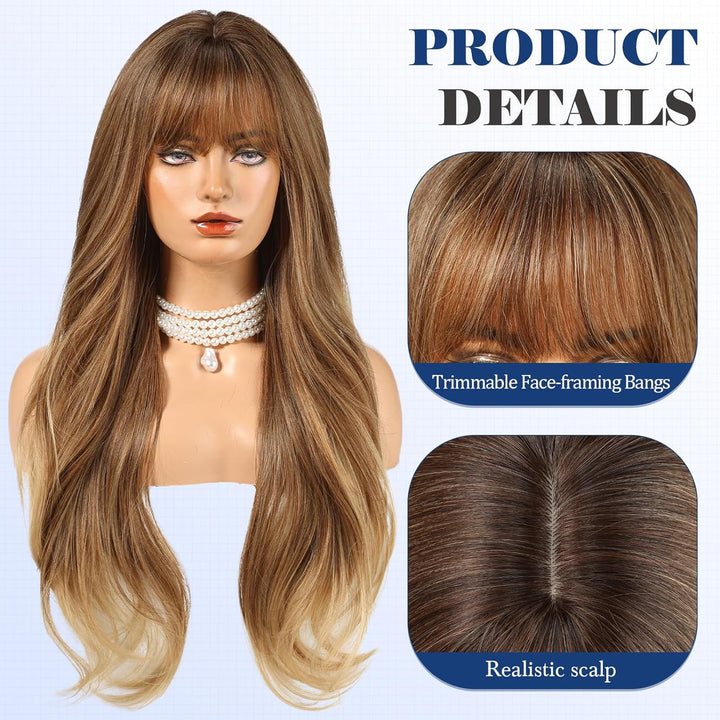 HAIRCUBE Lange Ombre-Perücke in Braun mit Pony, geschichtete lockige Perücken für Frauen, natürliche
