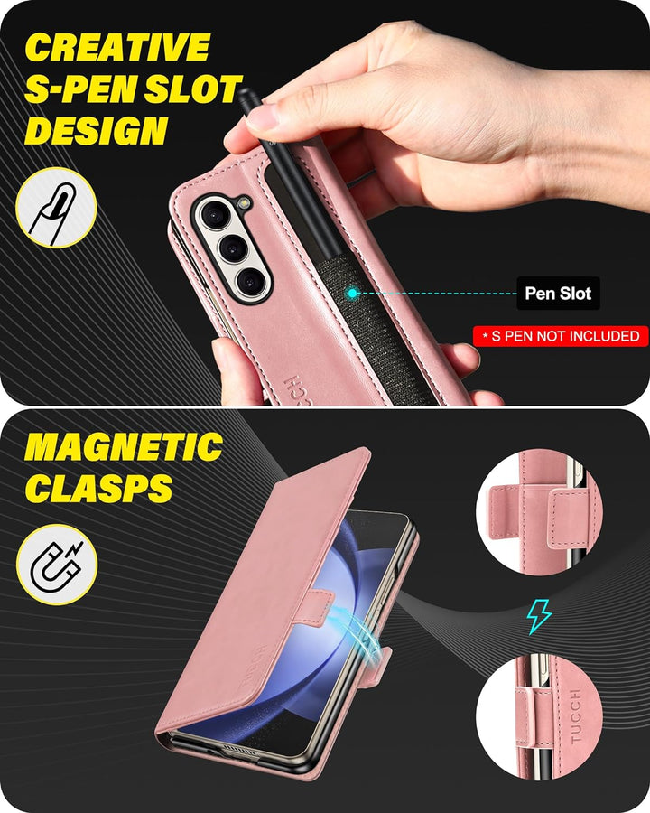 TUCCH Hülle für Galaxy Z Fold 5, Flip Case Magnetische Handyhülle mit S Pen Halter [RFID Blocker] [P