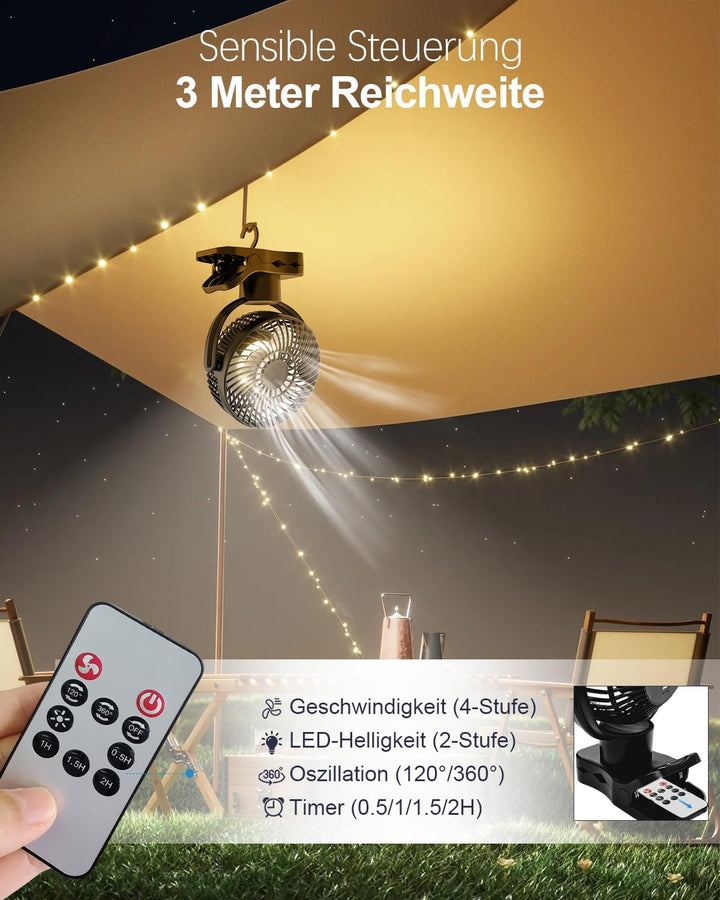 360° Oszillierend Clip Ventilator mit Fernbedienung - 10000mAh Akku USB Tischventilator Tragbarer -