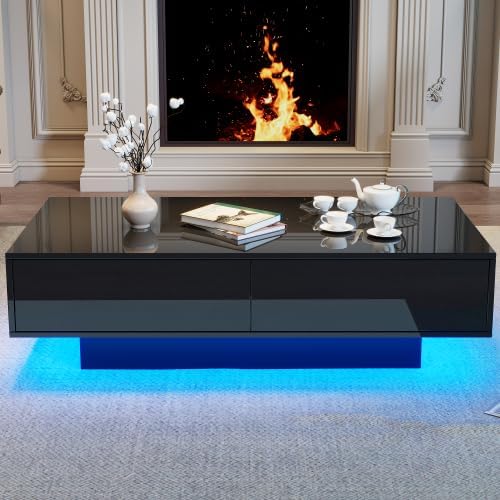 Merax Moderner Schwarzer Hochglanz-Couchtisch mit LED-Beleuchtung und 2 Schubladen – 115x55x34 cm, K