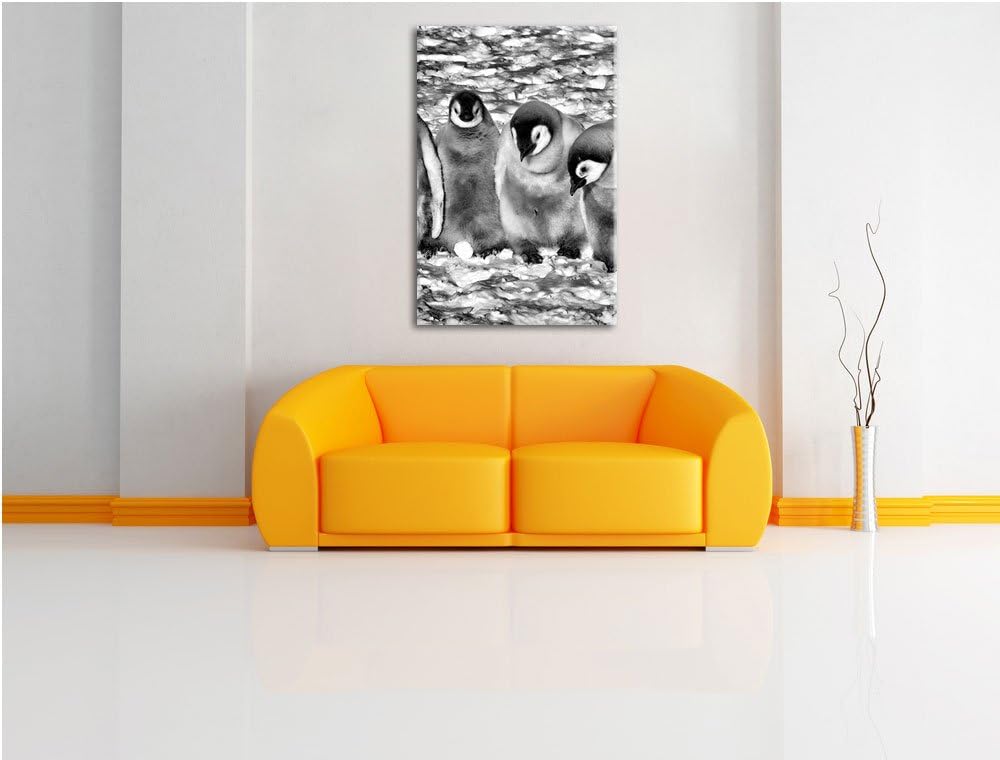 Pixxprint Monocrome, Vier niedliche Kaiserpinguin-Küken, Format: 100x70 auf Leinwand, XXL riesige Bi