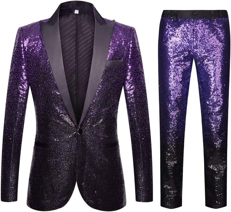 CARFFIV Herren Modische Blumenmuster Pailletten Zweiteiler Set Anzüge 3XL Purple Black, 3XL Purple B