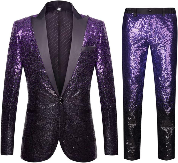 CARFFIV Herren Modische Blumenmuster Pailletten Zweiteiler Set Anzüge 3XL Purple Black, 3XL Purple B