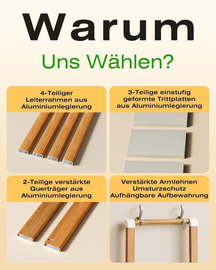 Trittleiter 3 Stufen klappbar,Tritthocker aus Aluminium | Leiter mit Handlauf,150kg Tragfähigkeit,An