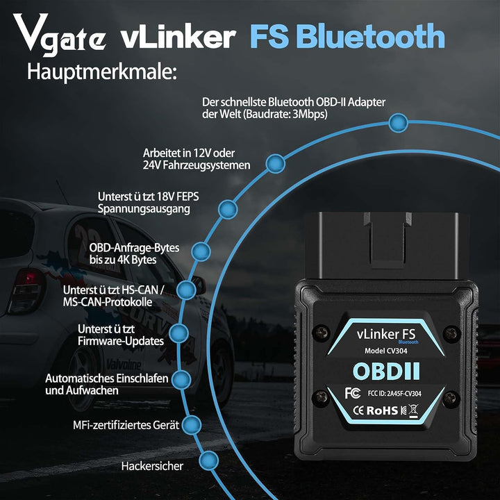 Vgate vLinker FS Bluetooth OBD2 Diagnostic Device OBD2 Bluetooth Adapter for iOS Android & Windows
