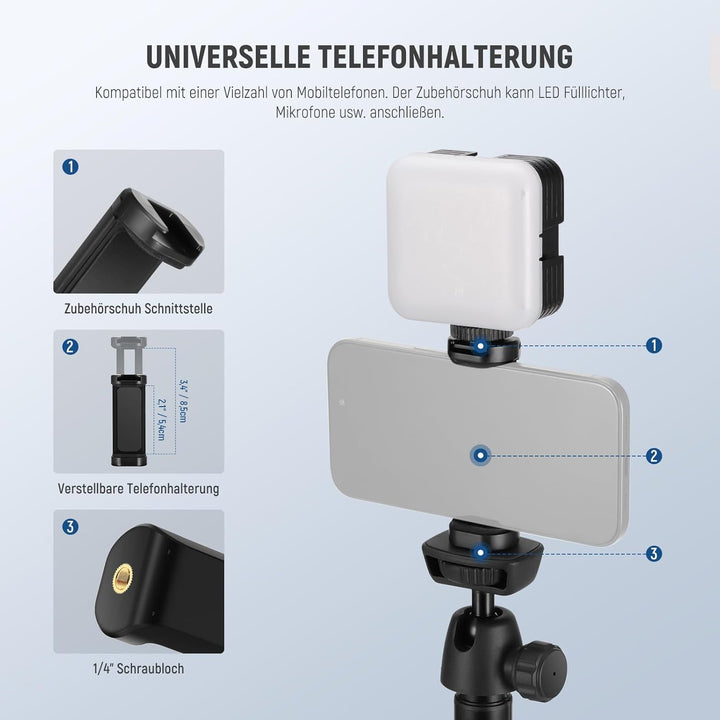 NEEWER Handystativ für Telefon und Kamera mit Fernbedienung, 160cm Metall Selfie Stick Reise Vlog St