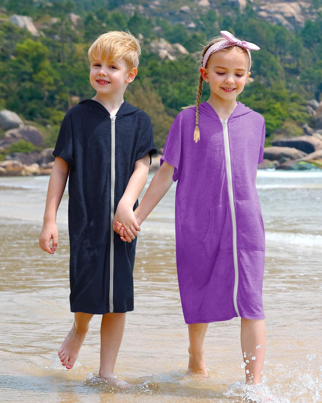 BesserBay Mädchen Badeponcho Kapuze Poncho mit Taschen Zip Cover Up Kinder Unisex 120-160 130 Navy,